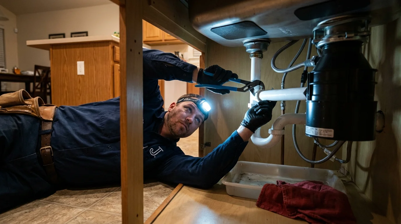 P-trap and supply line connections under a kitchen sink showing a common leak point in Deale, MD